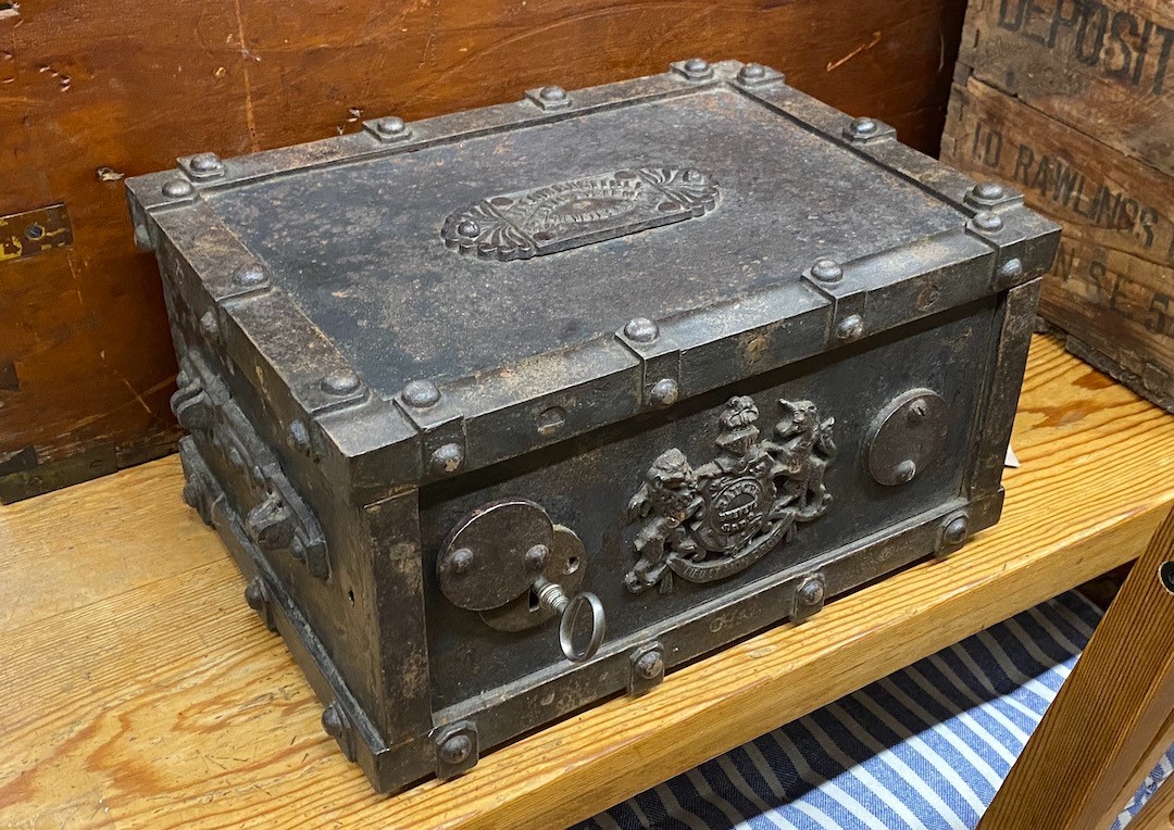 A 19th century Brevete iron strong box, with key, width 37cm, depth 26cm, height 18cm